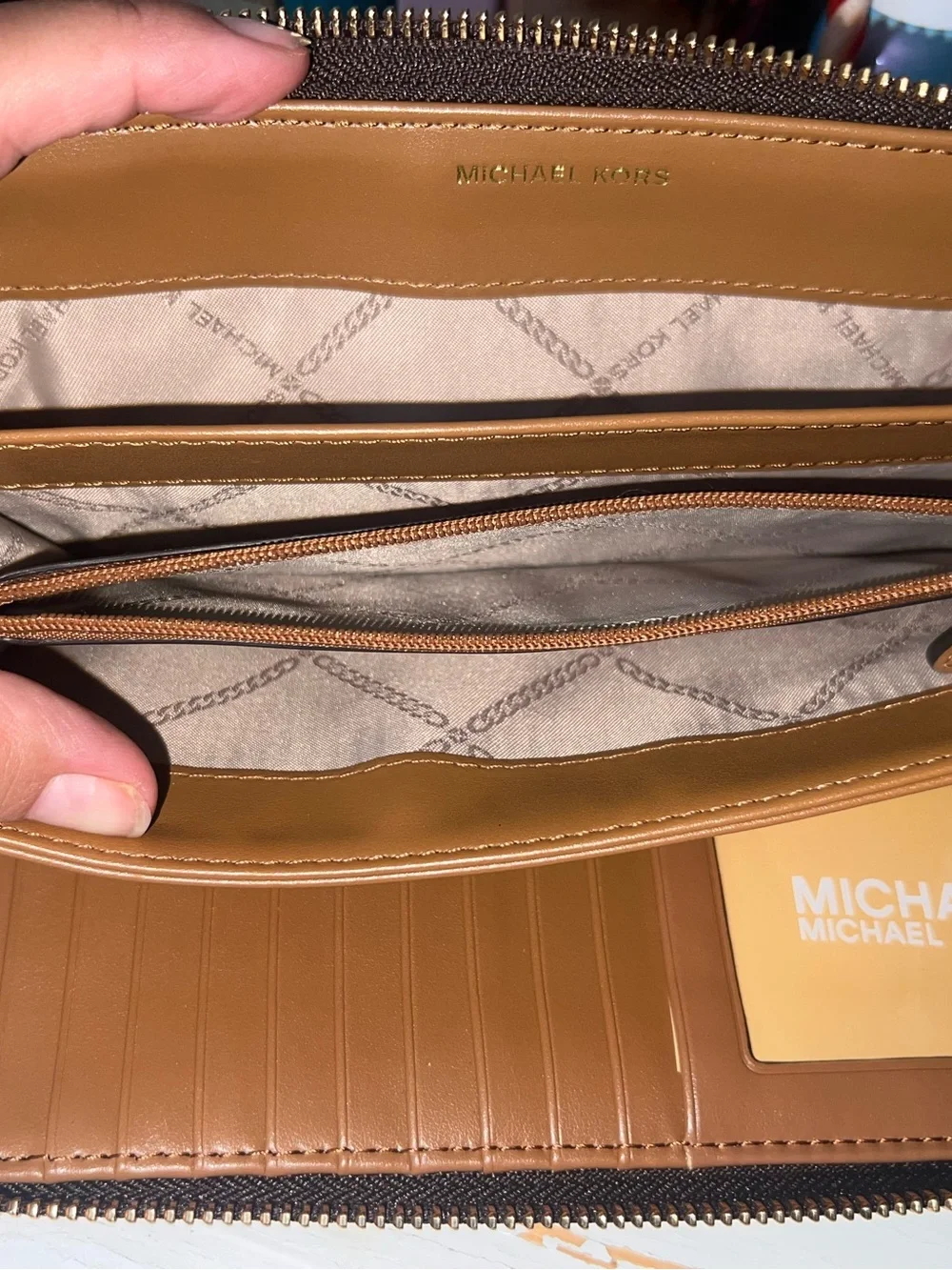 Michael Kors Brown and Gold Signature Zip Wristlet